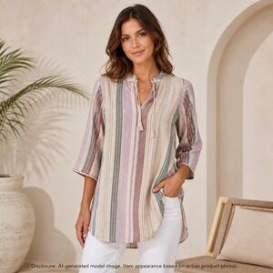 M.A.B.E. Elba Kaftan Women's M Pastel Stripe Cotton 3/4 Sleeve Boho Tunic NWT